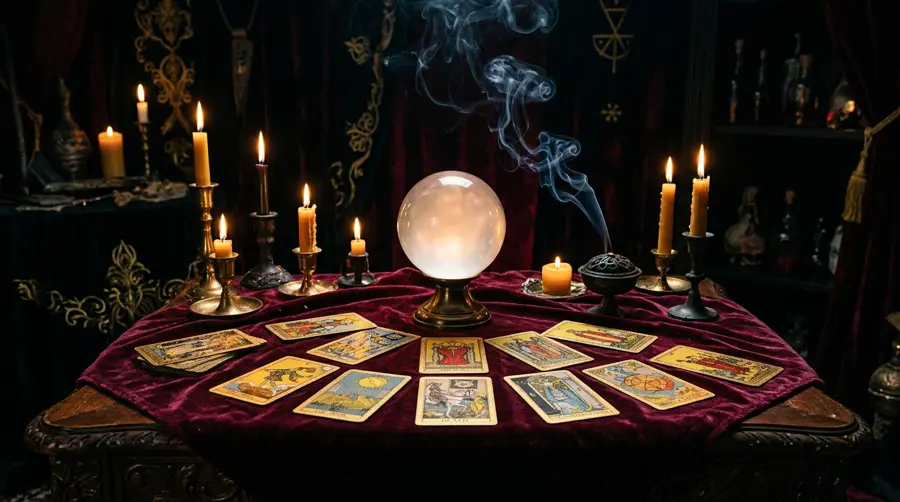 Mesa de tarô da Mãe Analu com velas e cartas